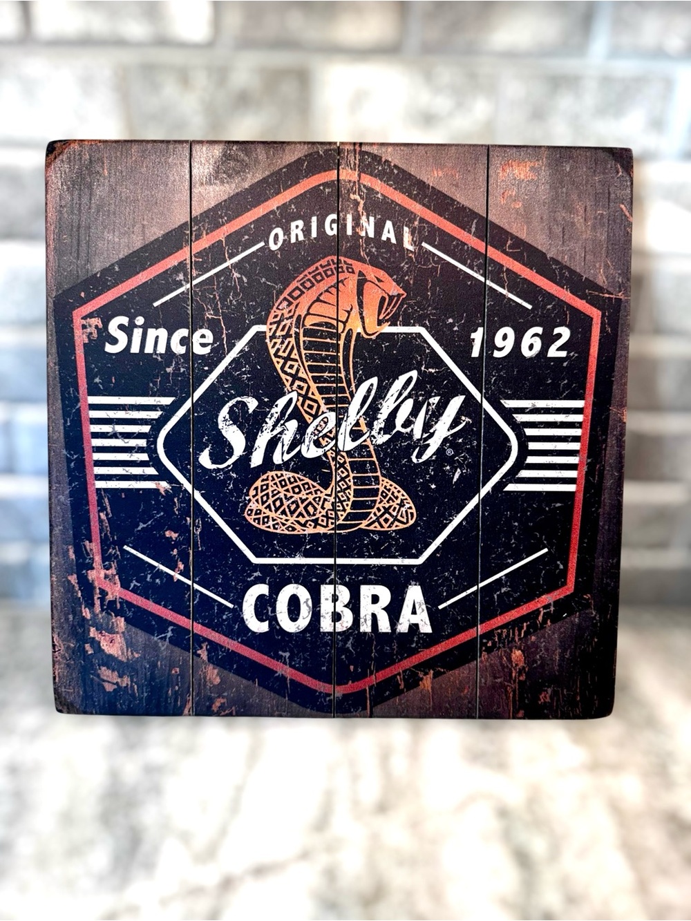 New Shelby Cobra Distressed Wood Wall Plaque 13 X13